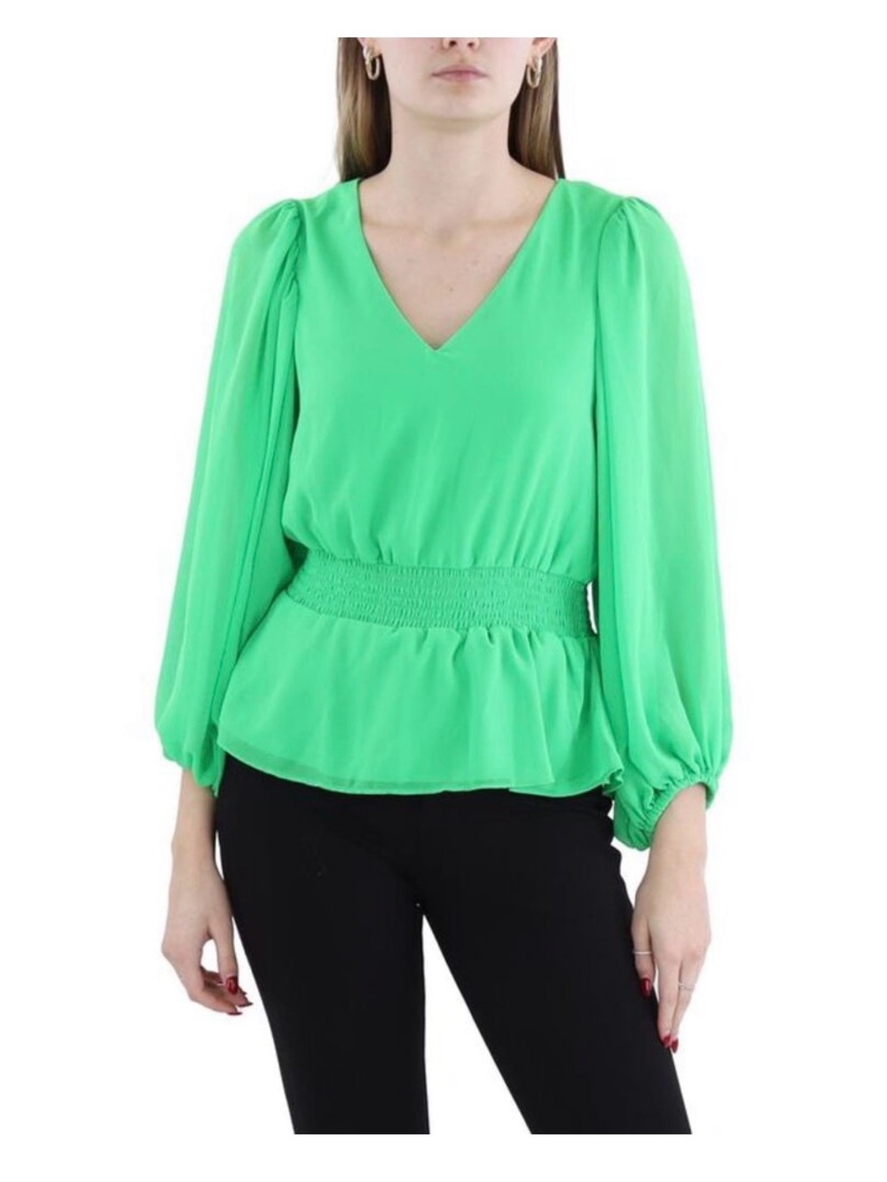 Sam and Jess Womens Green Smocked Chiffon Blouse Top - Small
